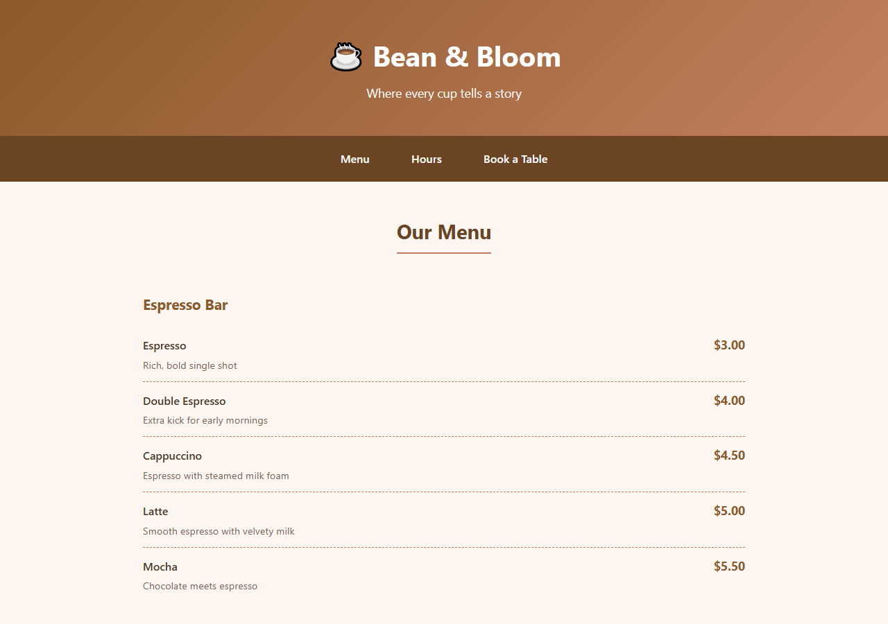 A finished coffee-shop landing page generated by Gardely: a warm brown hero with the shop name and a six-item menu with prices.